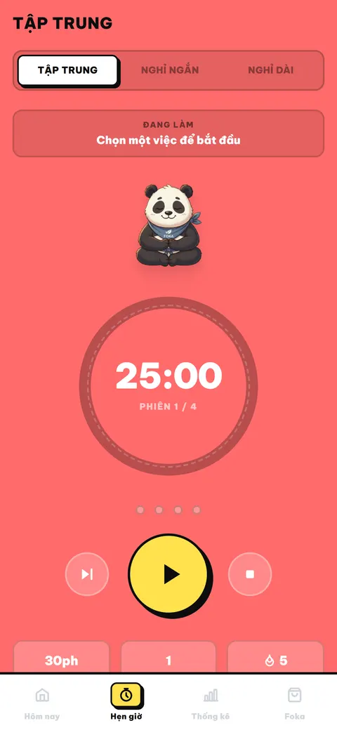 Màn hình Pomodoro trong ứng dụng Foka