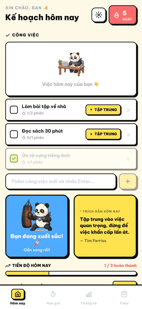 Màn hình Nhiệm vụ & Công việc trong ứng dụng Foka